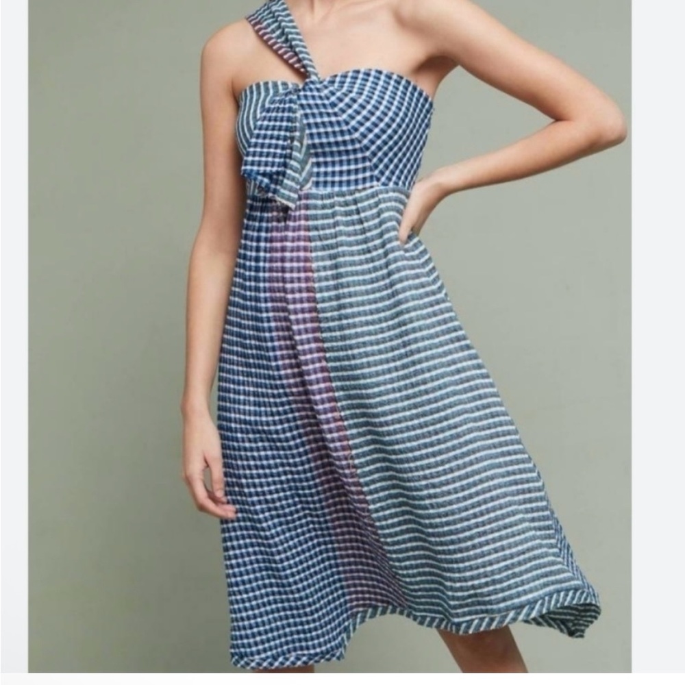 Maeve by Anthropologie One-Shoulder Blue and Purple Gingham Dress